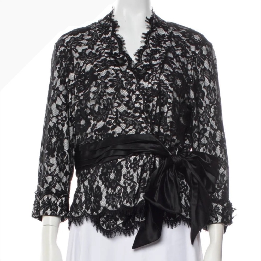 Tadashi Shoji Black Floral Lace Wrap Top V-Neck Sequin Bead Sash JRD9316 14